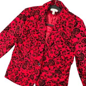 Dressbarn Womens M Red Black Velvet Floral Blazer‎ Whimsigoth Romantic Glam